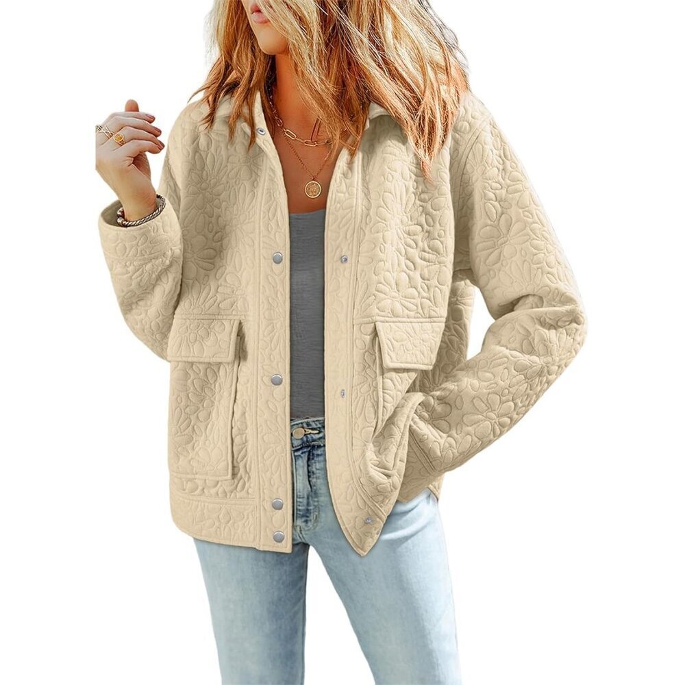 Women's Jacquard Long Sleeve Collared Casual Fall Jacket with Pockets